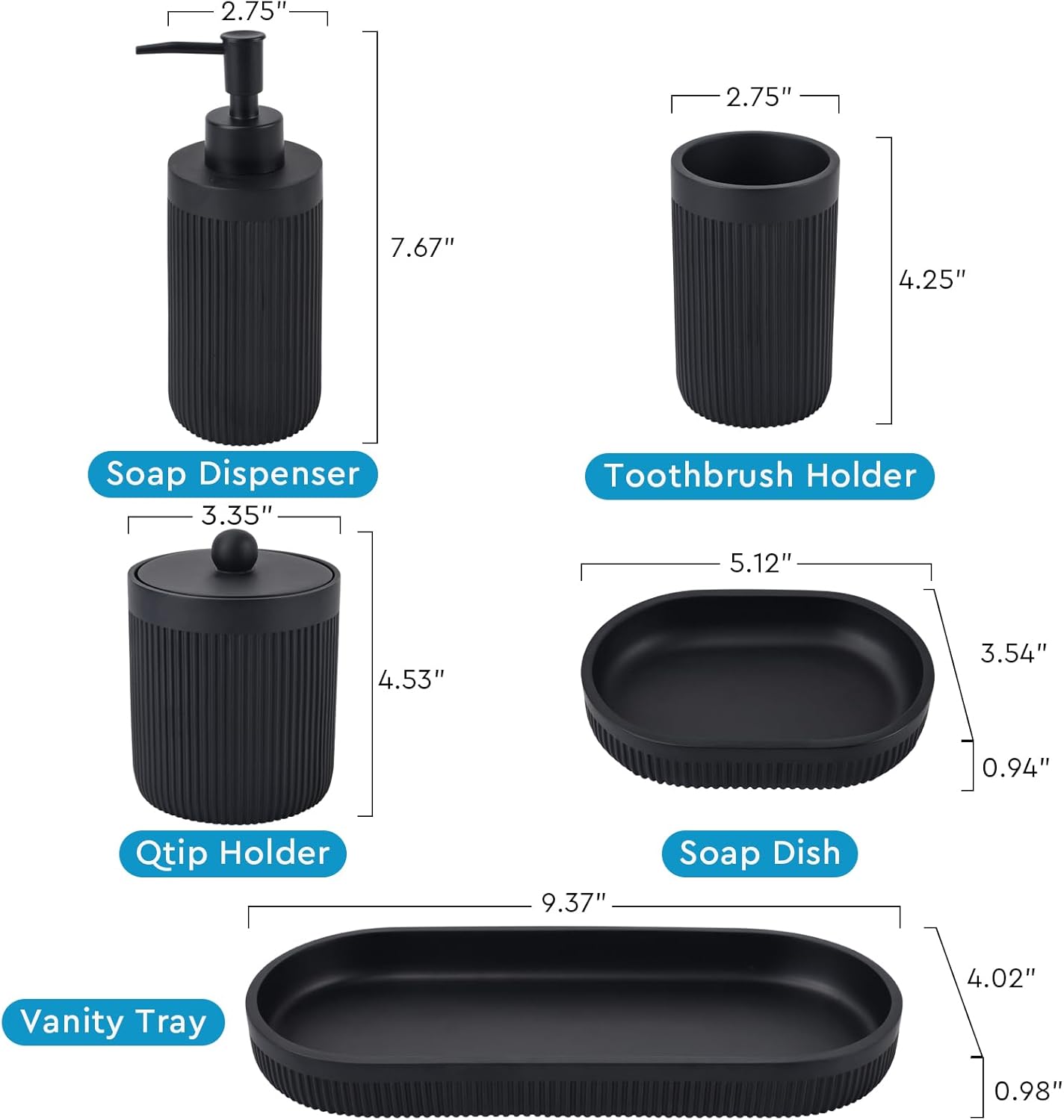 Deobath 5Pcs Matte Black Bathroom Accessory Set