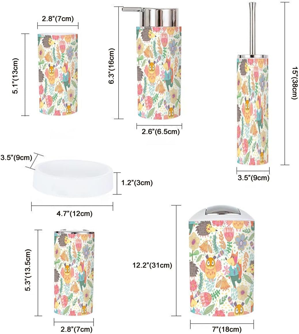 JBNJANKDAV 6-Piece Seamless Patterned Bathroom Accessories Set with Fox Owl Design