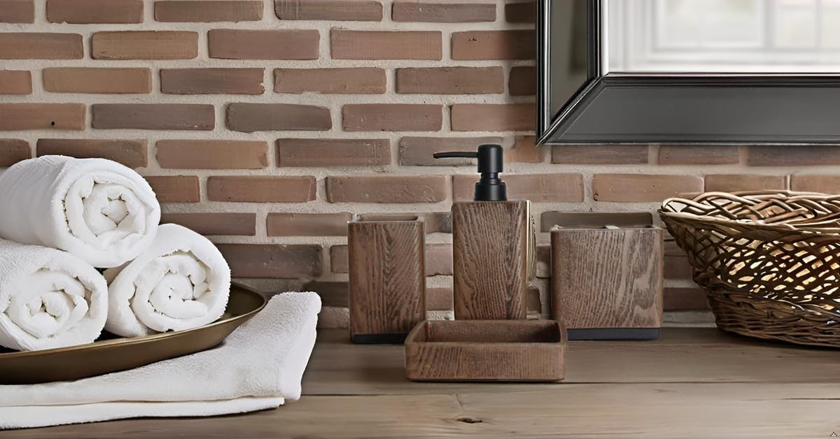 Hymmah Wood Grain Bathroom Accessory Set 4 Pcs