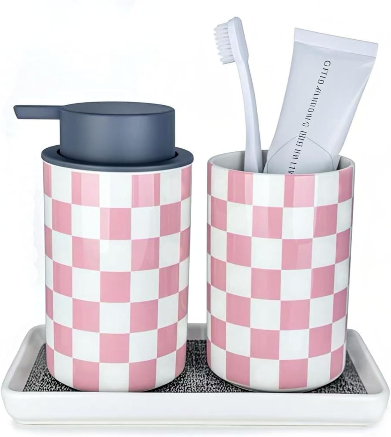 Pink Checkered Ceramic Bathroom Accessory Set 1