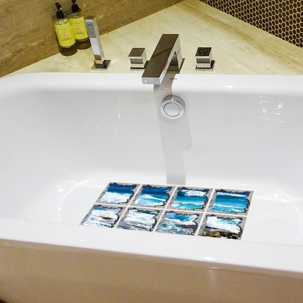 Non Slip Bathtub Stickers Square Blue Sea Waves 8pcs