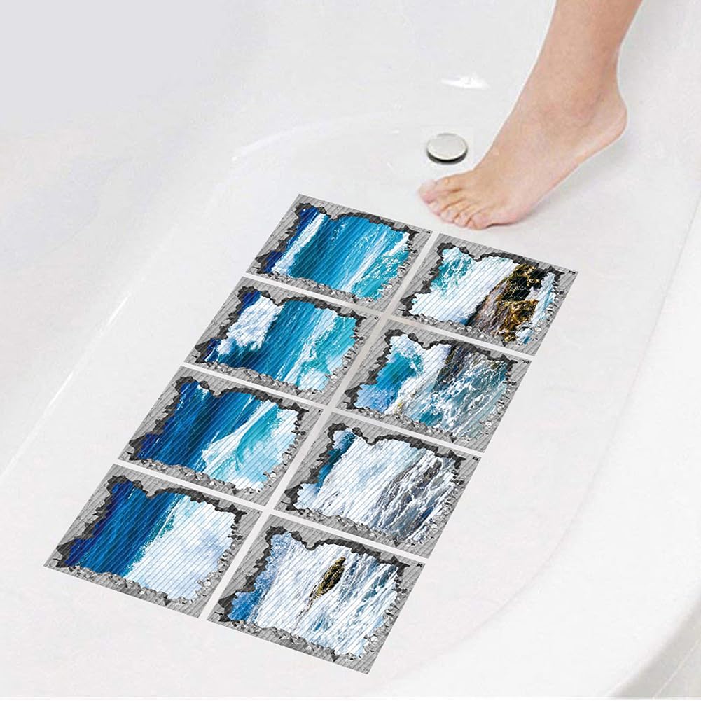 Non Slip Bathtub Stickers Square Blue Sea Waves 8pcs