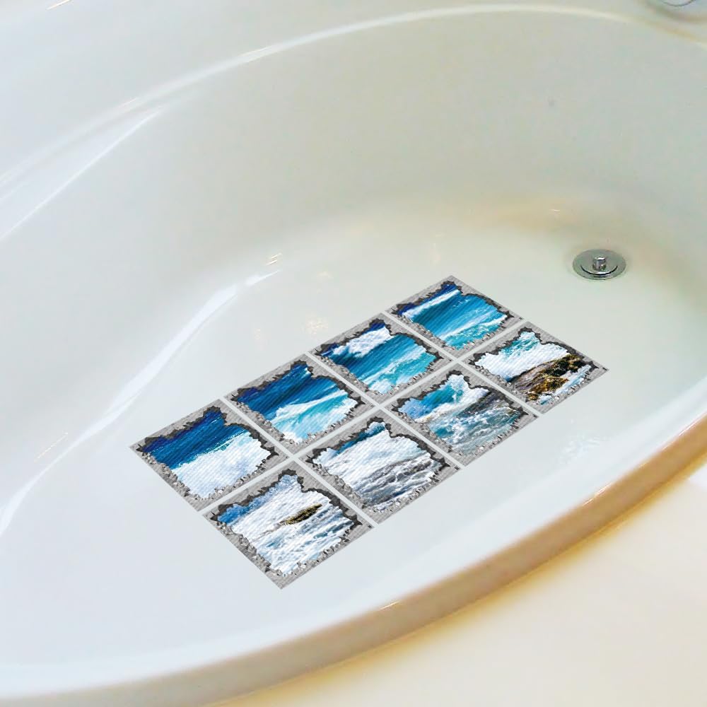 Non Slip Bathtub Stickers Square Blue Sea Waves 8pcs
