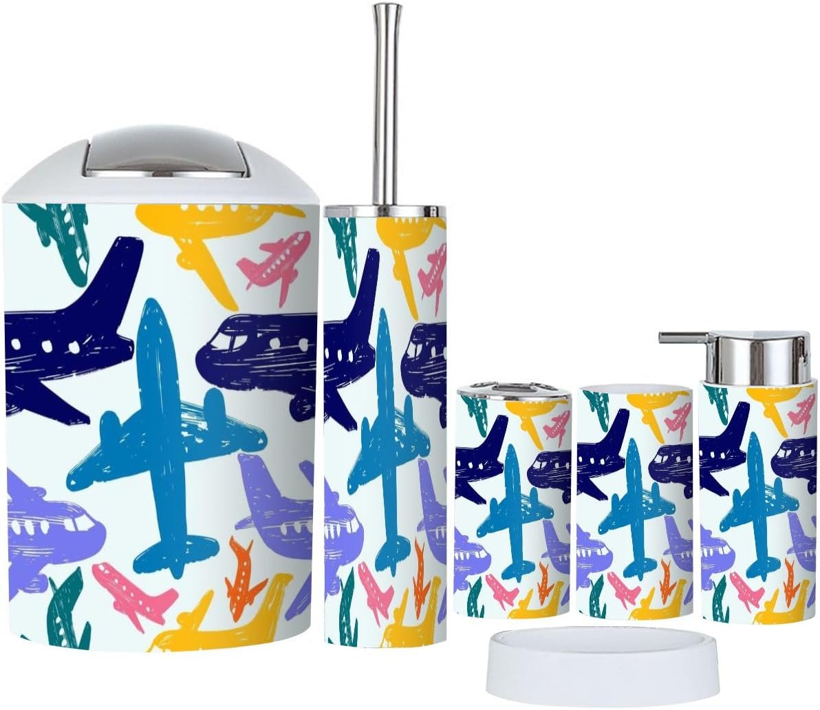 6 Piece Kids Bathroom Accessory Set with Airplane Pattern