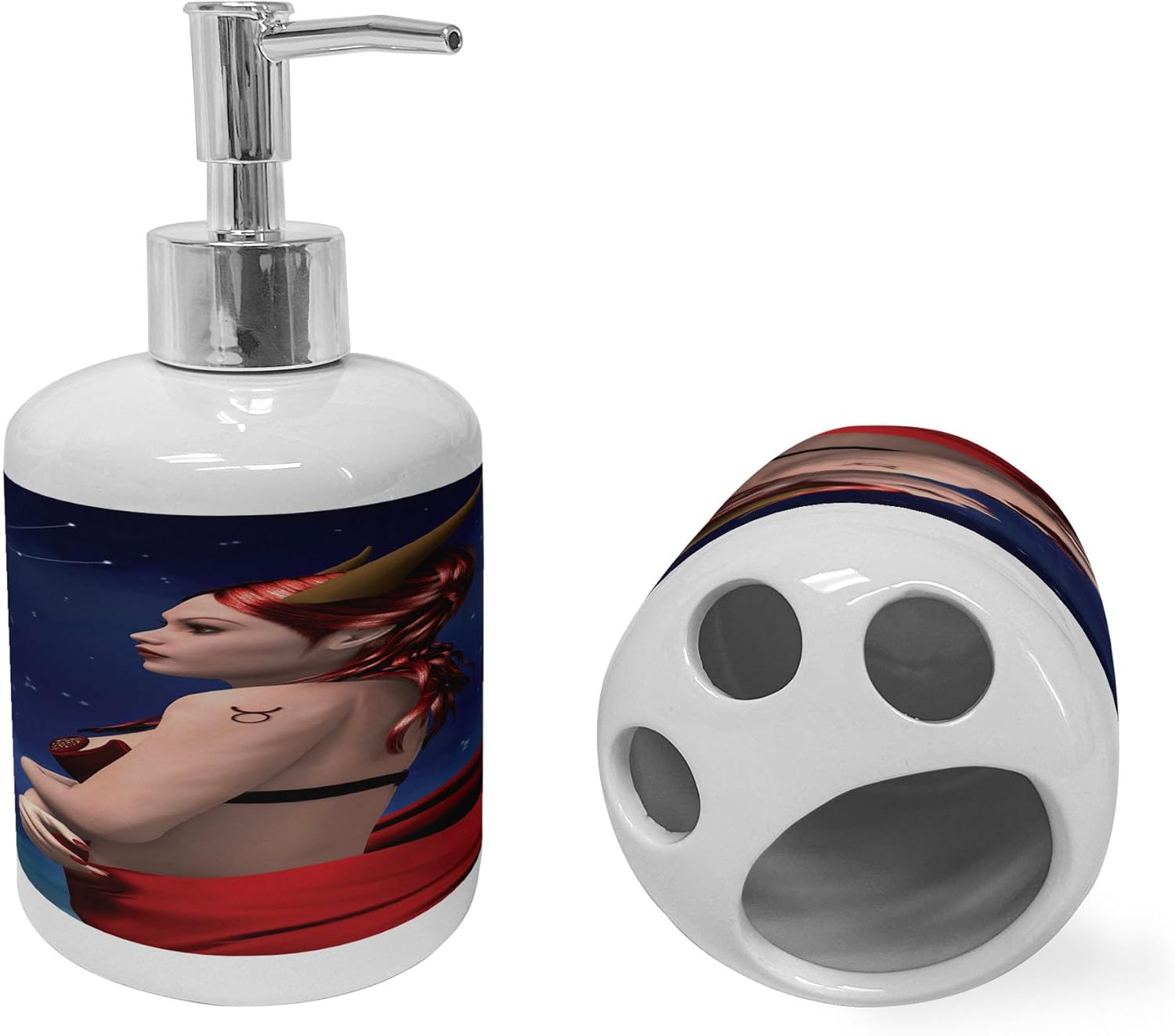 Ambesonne Taurus astrology soap dispenser toothbrush holder set
