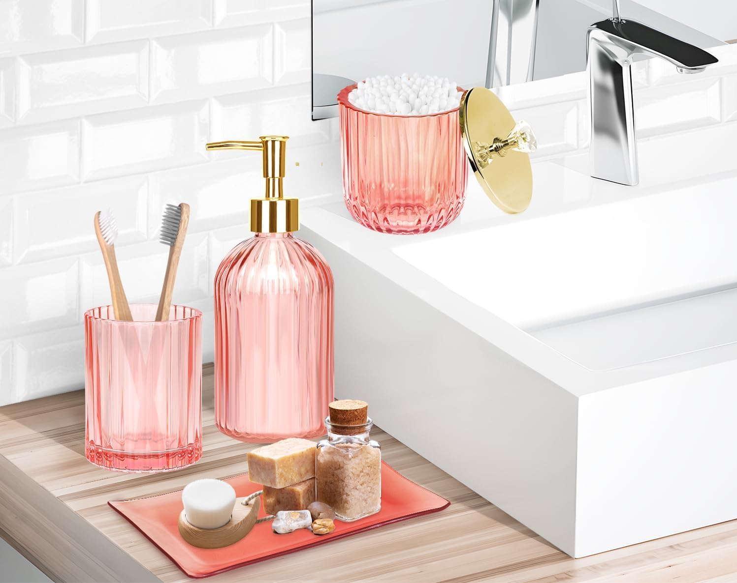 Haturi Pink Bathroom Set 4 Pcs with Gold Decor