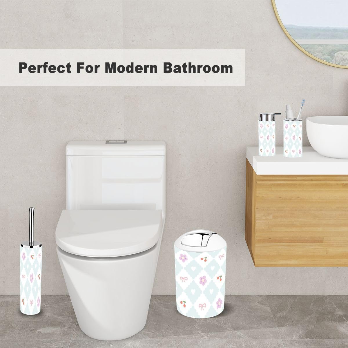 6-Piece Preppy Bathroom Set with Geometric Patterns