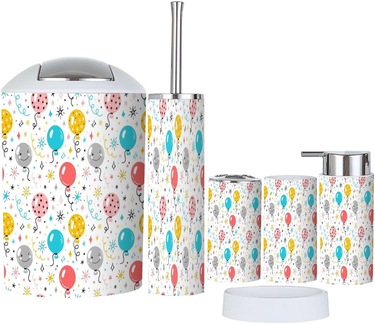 6 Piece Festive Bathroom Accessory Set with Cute Balloons Stars Doodles