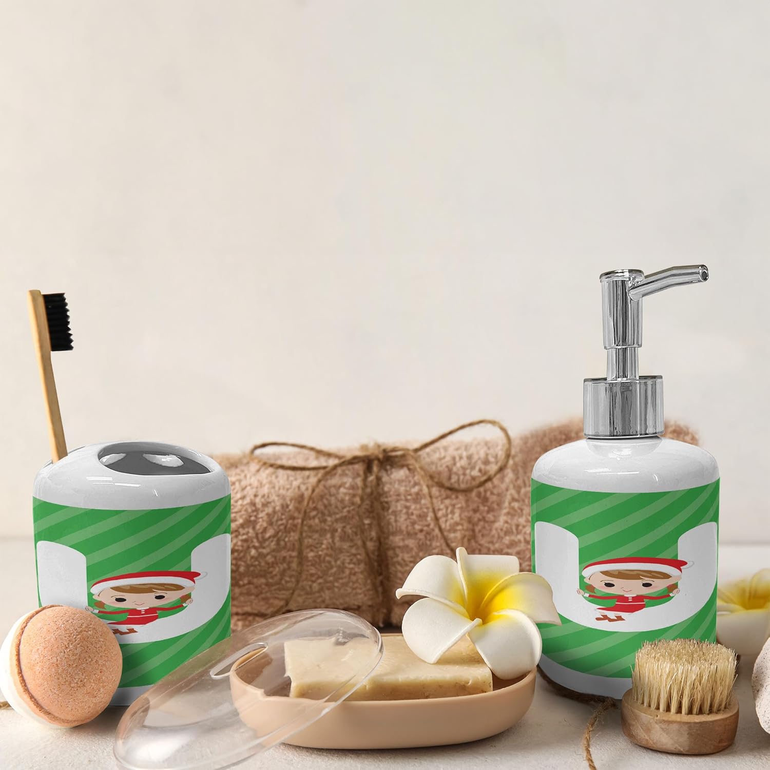 Ambesonne Christmas Alphabet Soap Dispenser and Toothbrush Holder Set 1