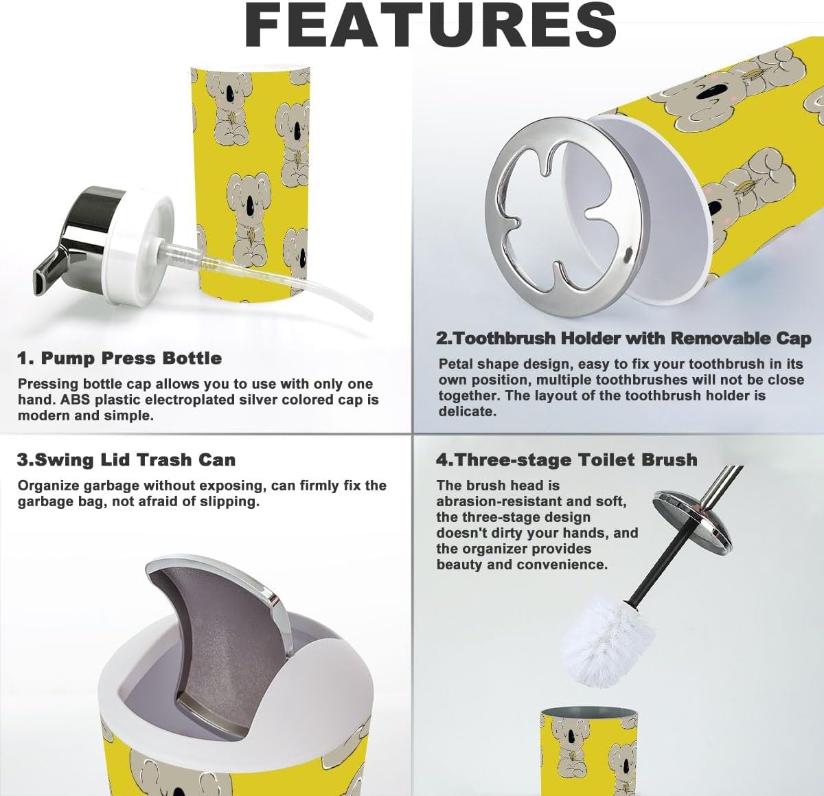 Stylish 6-Piece Bathroom Accessory Set with Koala Cute Design