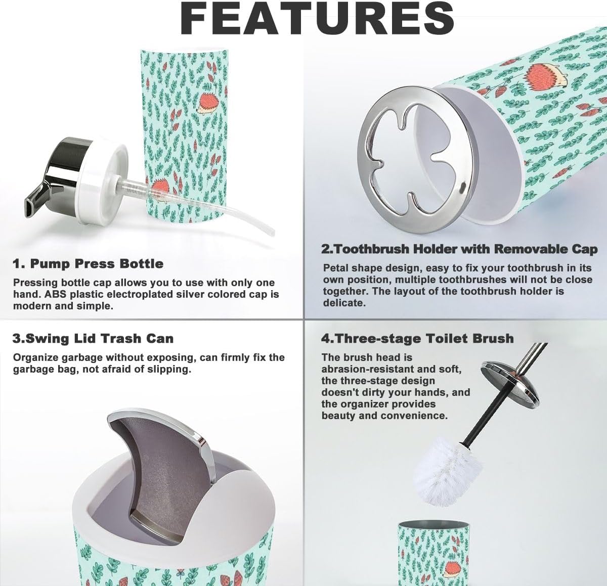 Seamless Hedgehog Floral Elements 6-Piece Bath Set