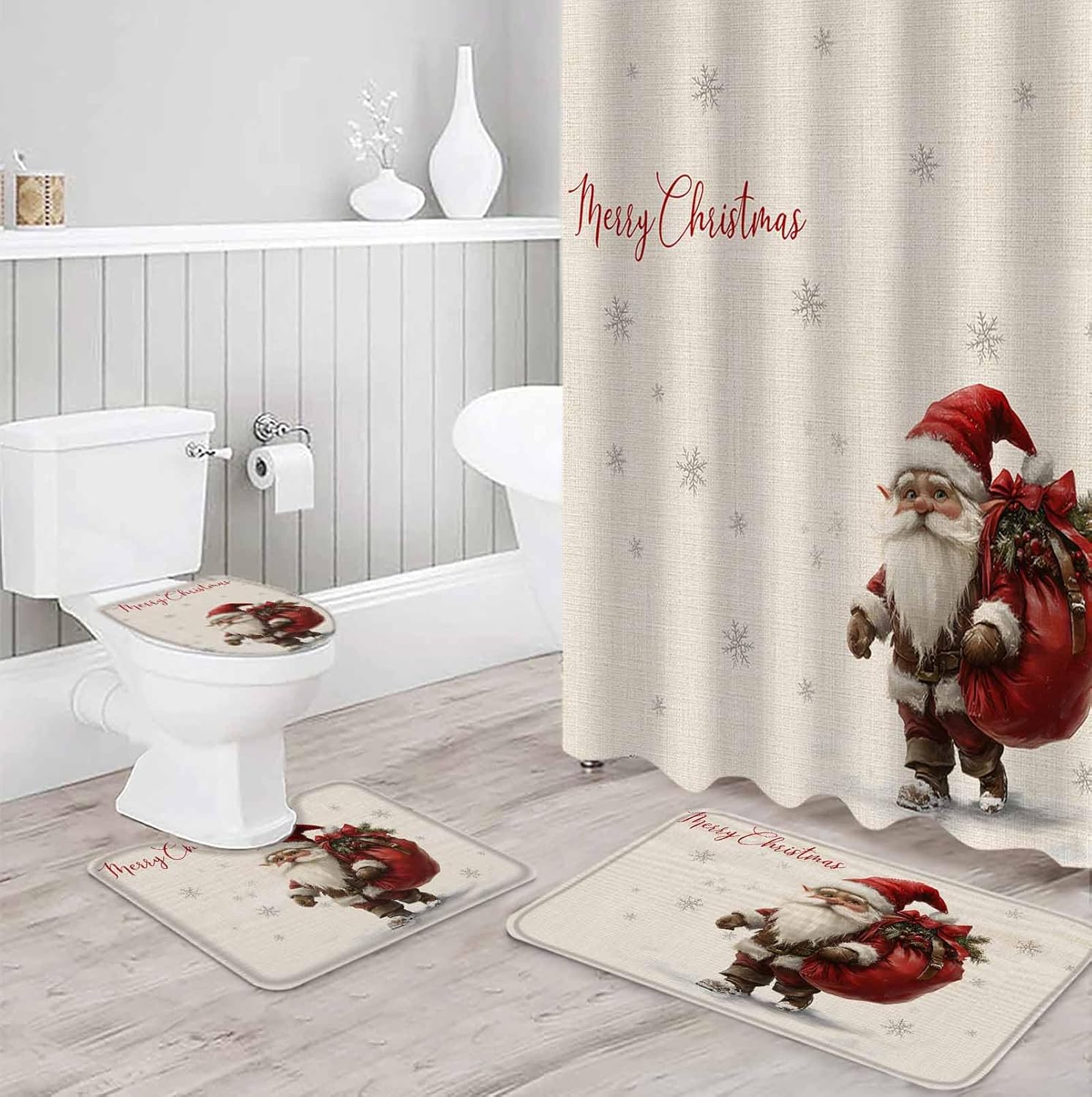 4-Piece Christmas Bathroom Set Retro Santa Accessories