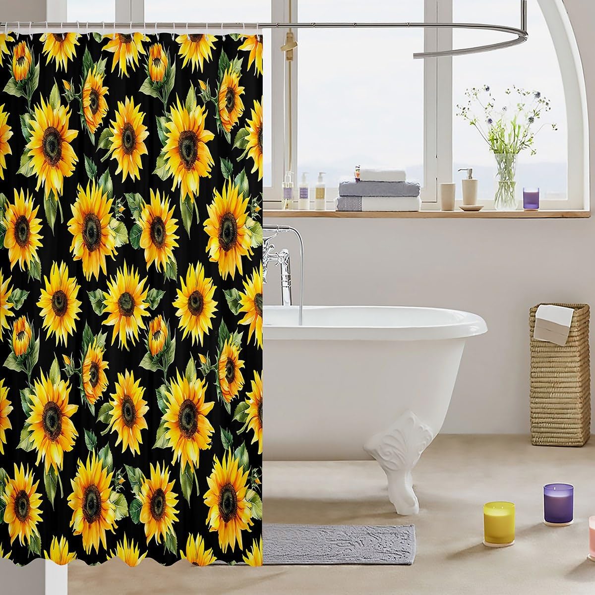 Feelyou Black Sunflowers Bath Curtain Yellow Floral Botanical 72x72