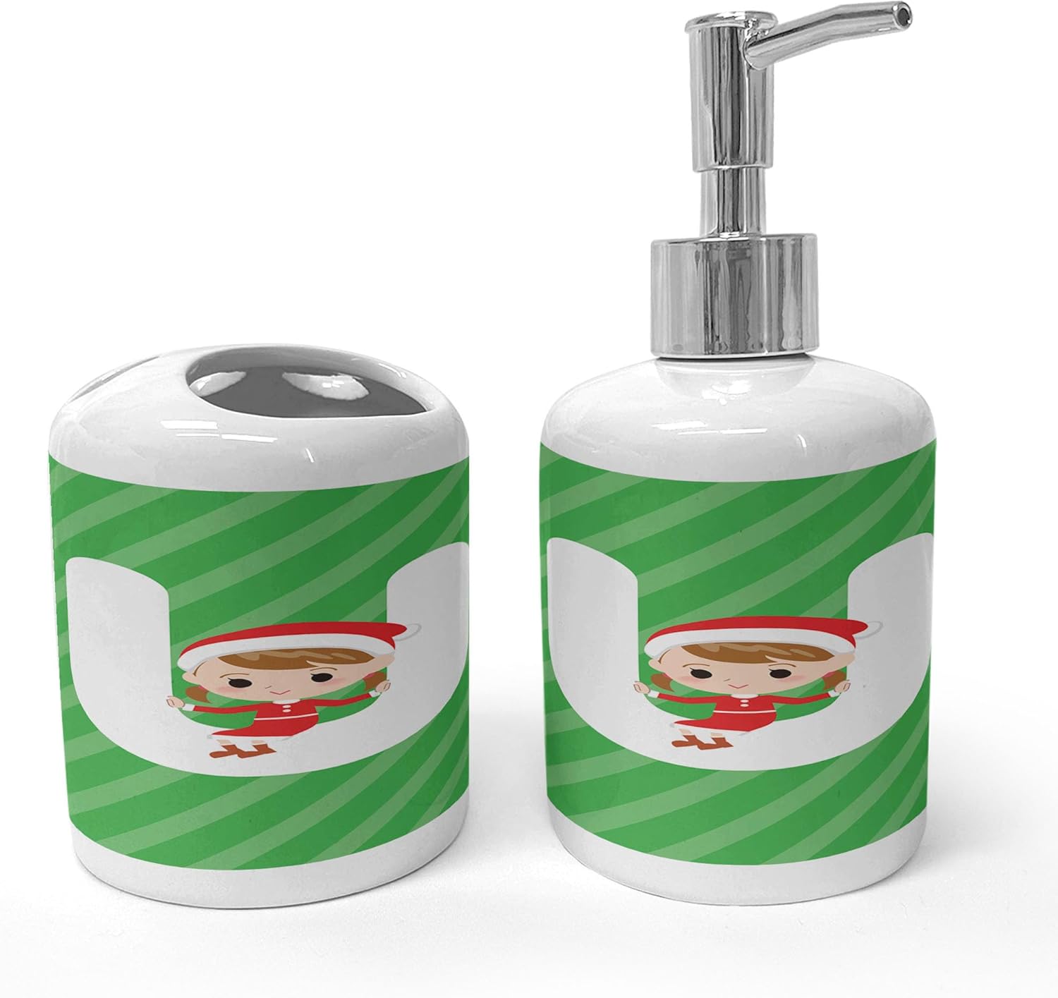 Ambesonne Christmas Alphabet Soap Dispenser and Toothbrush Holder Set 1