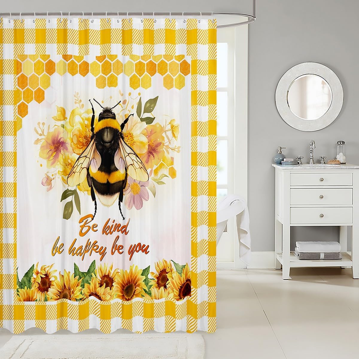 Cartoon Bee Shower curtain for kids Floral Design 72x72 inch