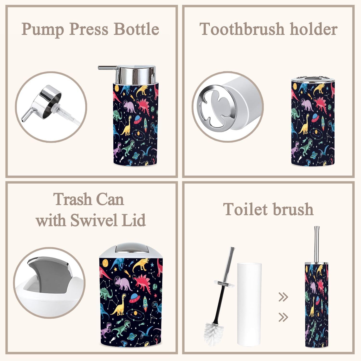 Bathroom Set 6-Piece Boho Astronaut Dinosaur Bathroom Set
