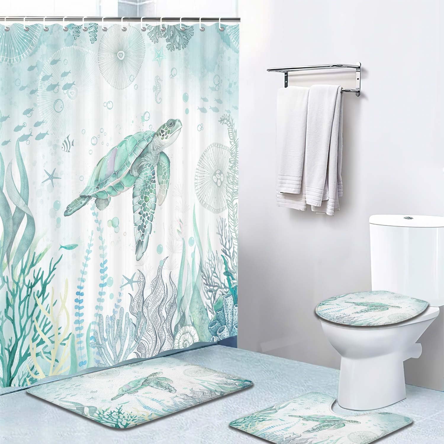4-Piece Seahorse Shower Curtain Set