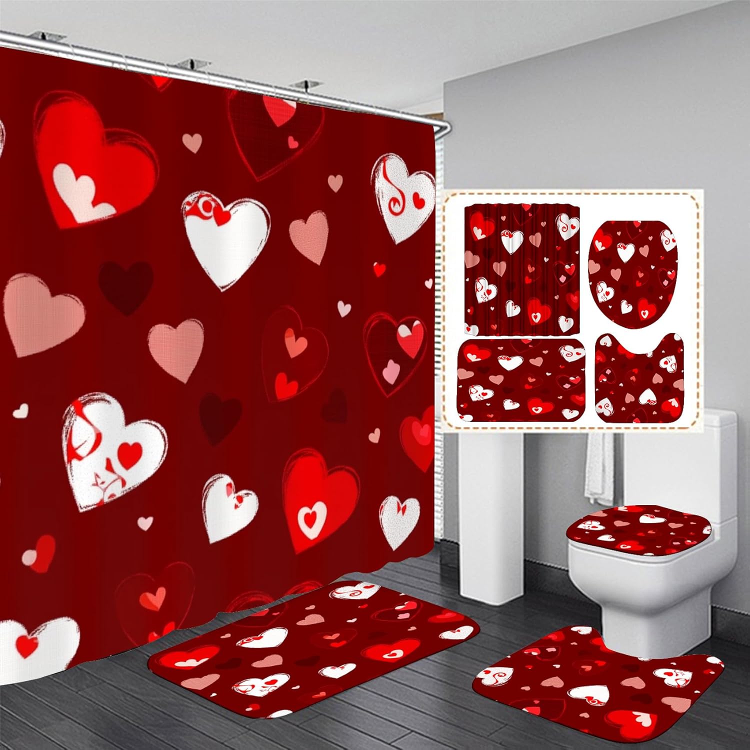 4 Pcs Red Heart Shower Curtain Set with Rugs and Hooks