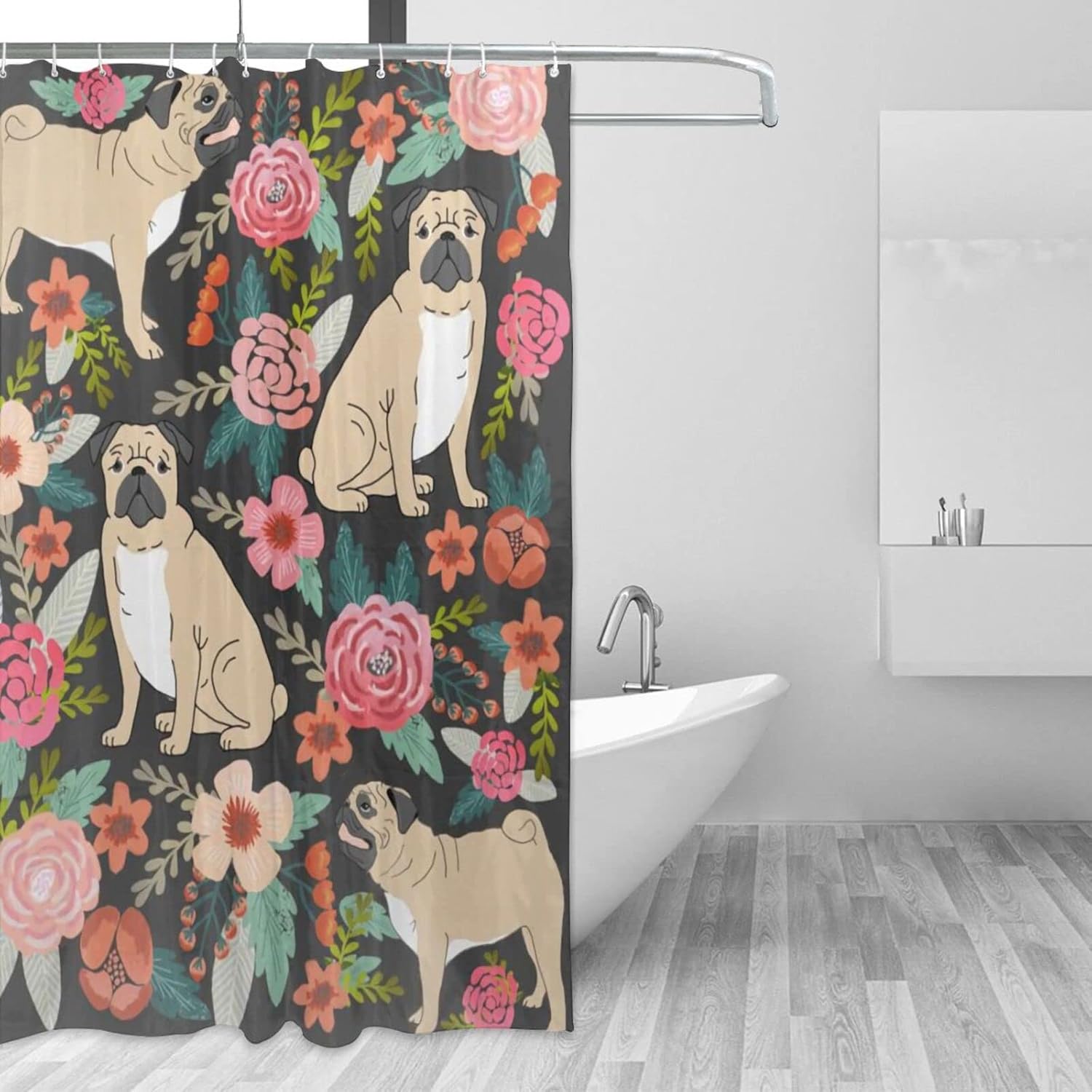 Xoeiran Farmhouse Florals Pug Dogs Shower Curtain 72x72 Inch