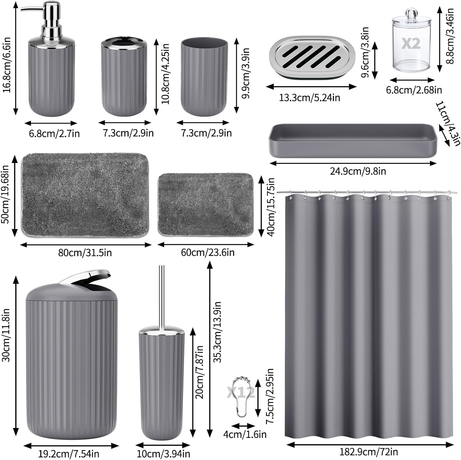 24PCS Gray Bathroom Accessory Set with Shower Curtain Rugs