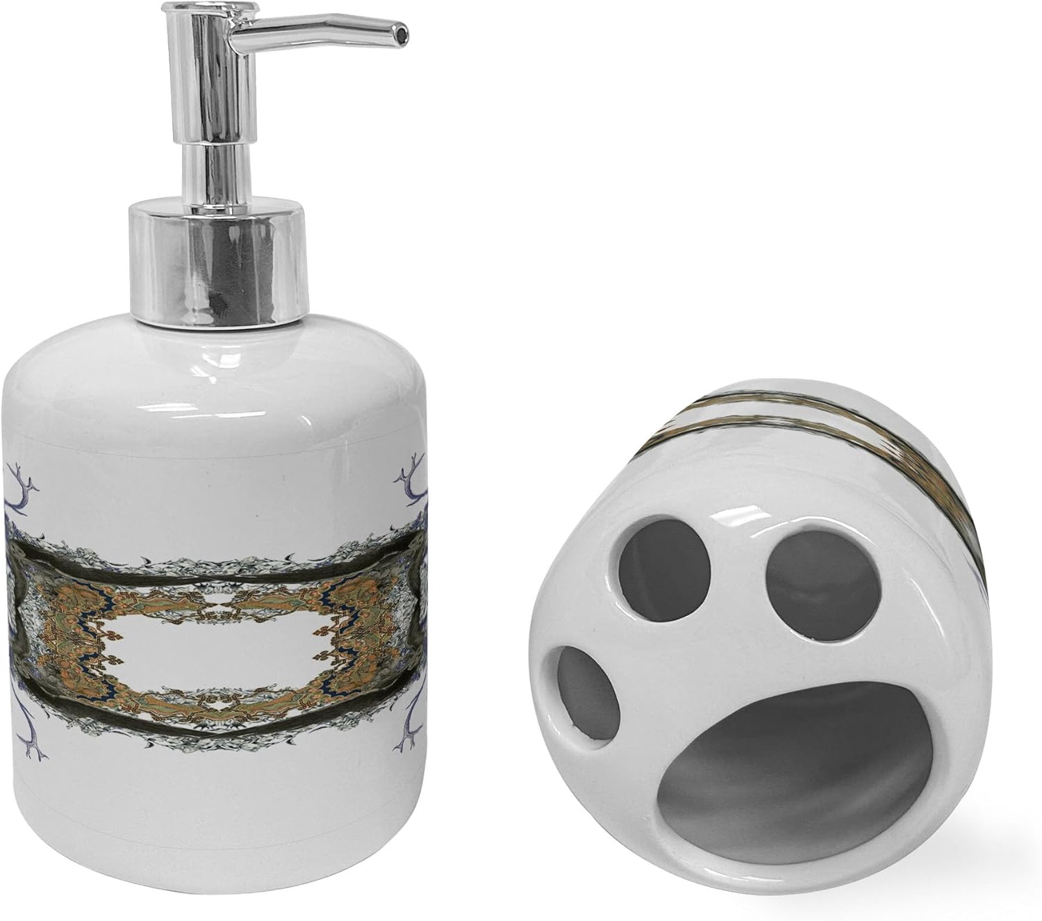 Ambesonne Victorian Soap Dispenser and Toothbrush Holder Set Violet Tan Pearl