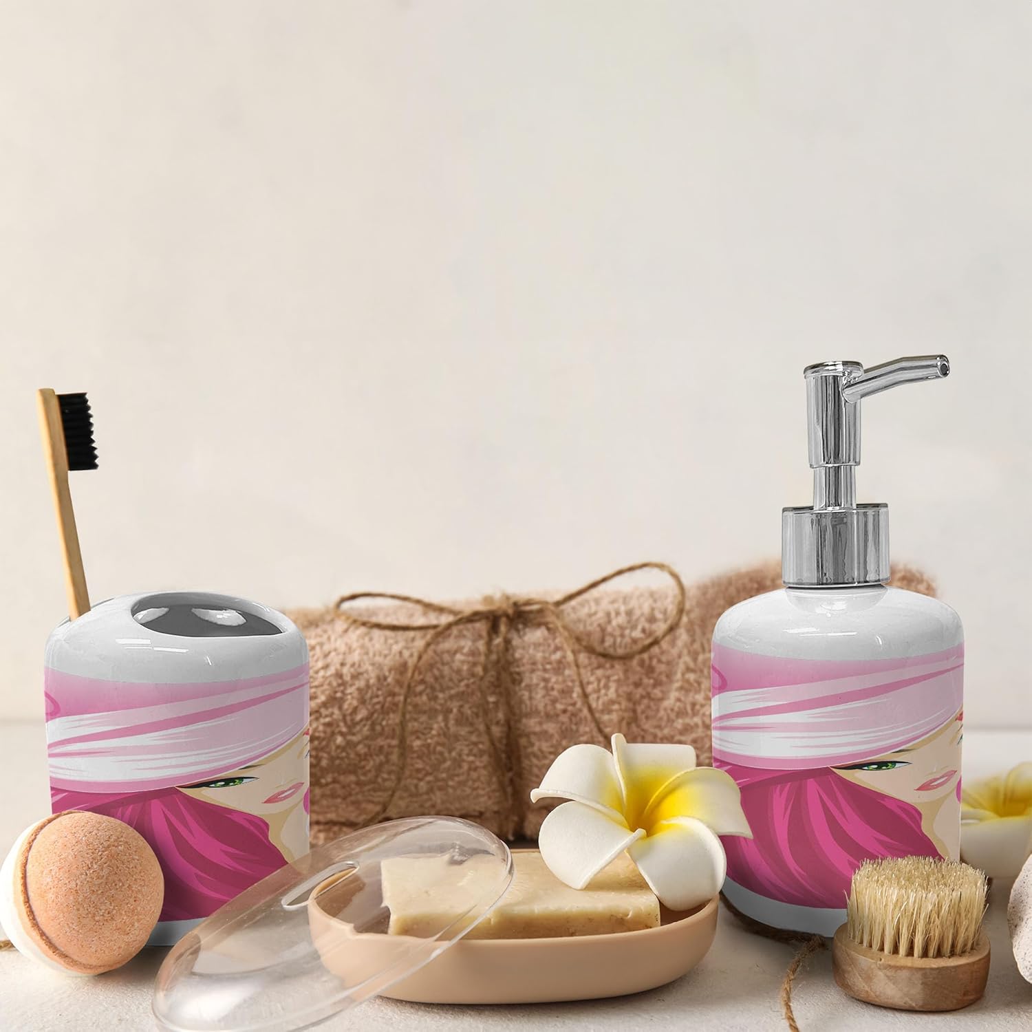 Feminine Soap Dispenser Toothbrush Holder Set