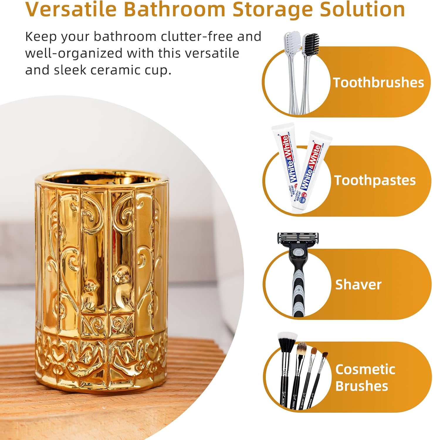 Gold Bathroom Accessory Set with Ceramic Birdcage Design