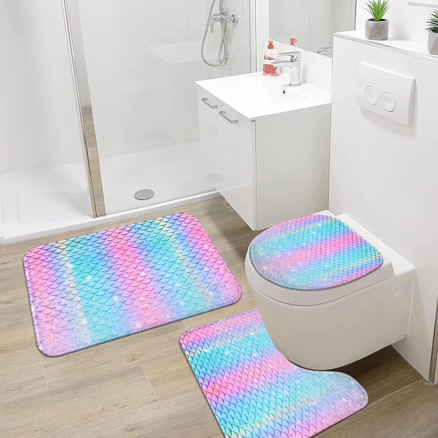 Alishomtll 4-Piece Mermaid Rainbow Kids Bathroom Set with Glitter