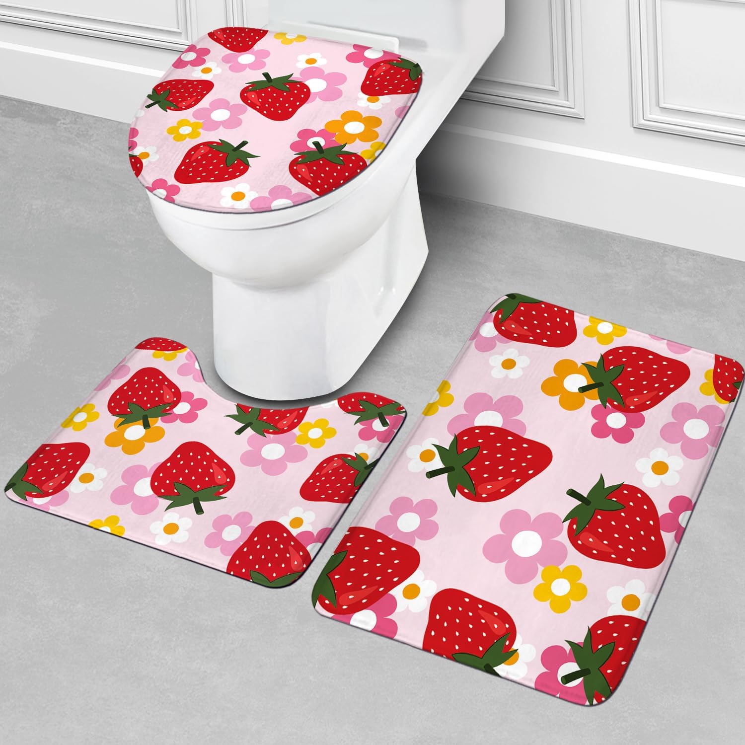 Kalmico 4PC Cute Strawberry Fruit Bathroom Set Y2K Pink Groovy