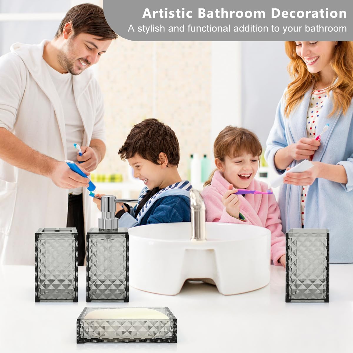 Bathroom Accessory Set 4 Pcs Diamond Pattern Grey