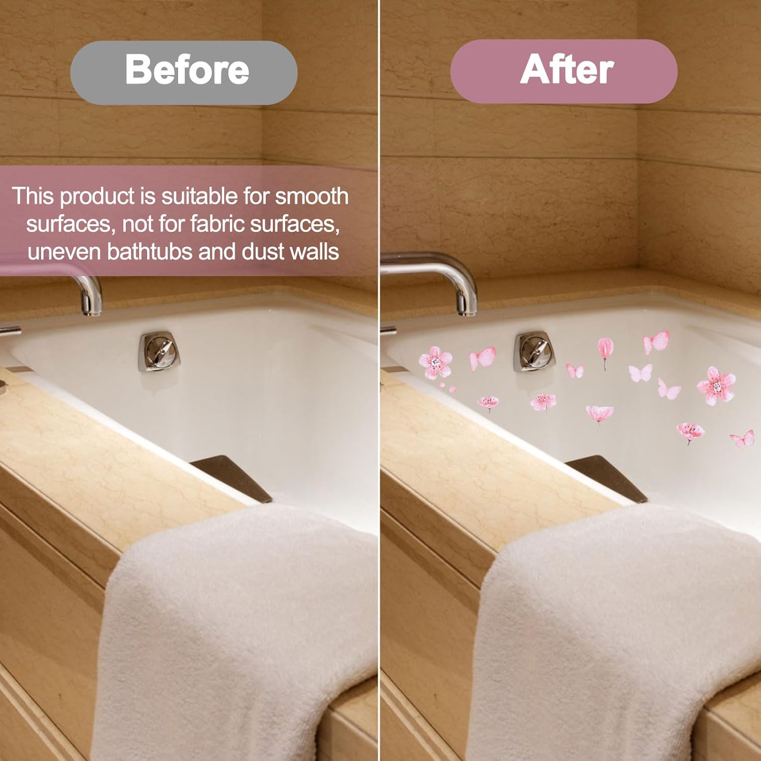 Non Slip Bathtub Stickers 6PCS Pink Butterfly Anti-Slip Decals with Scraper