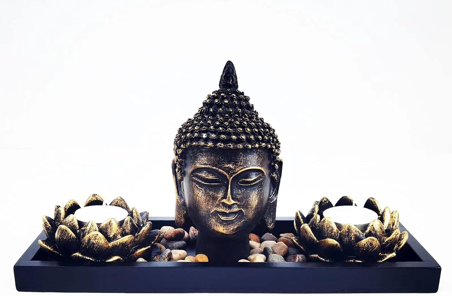 Buddha Head Sculpture Lotus Flower Tealight Candle Holders Zen Garden Set