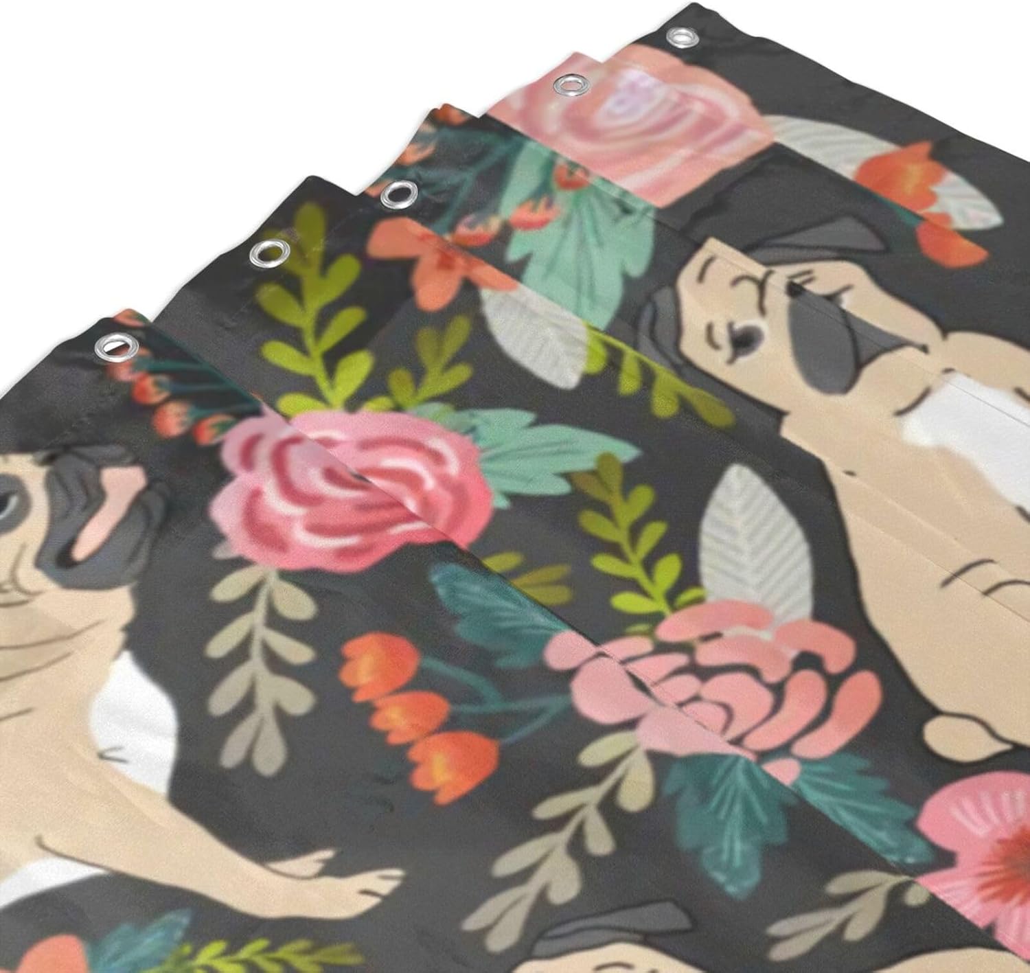 Xoeiran Farmhouse Florals Pug Dogs Shower Curtain 72x72 Inch