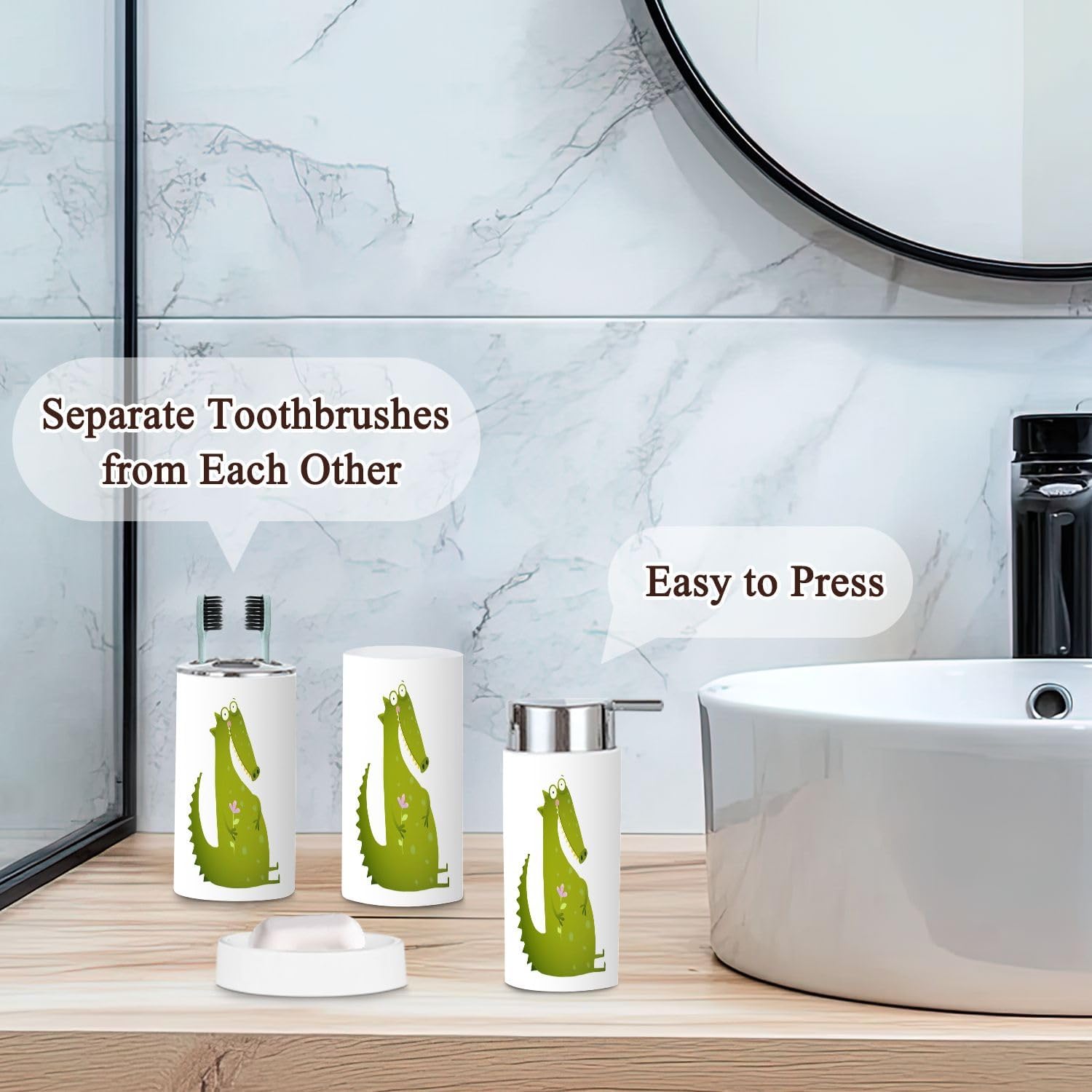 Green Cute Kids Crocodile Bathroom Accessories Set of 6