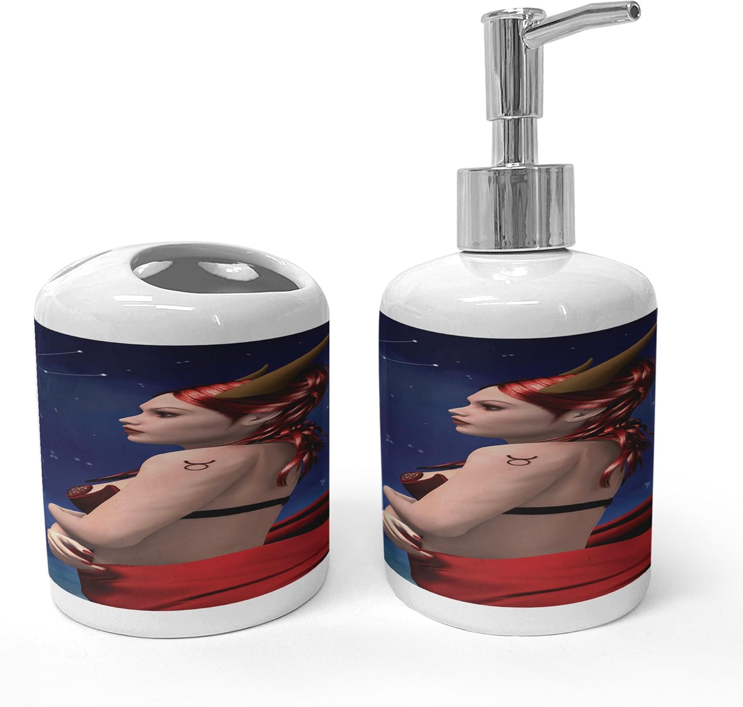Ambesonne Taurus astrology soap dispenser toothbrush holder set