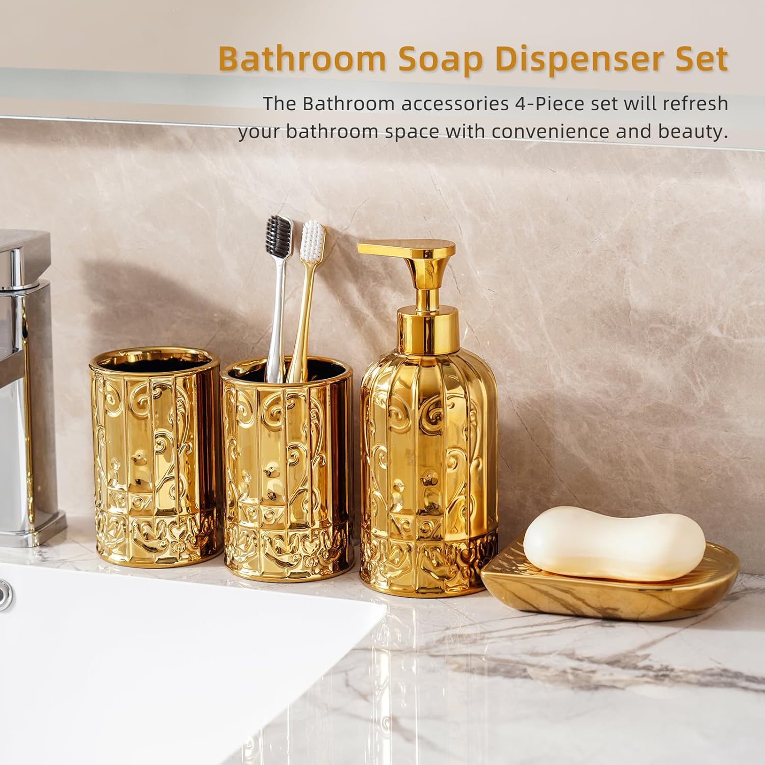 Gold Bathroom Accessory Set with Ceramic Birdcage Design