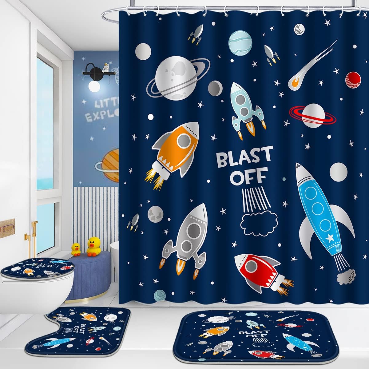 Poedist 4Pcs Cosmic Space Shower Curtain Set with Rugs and Hooks