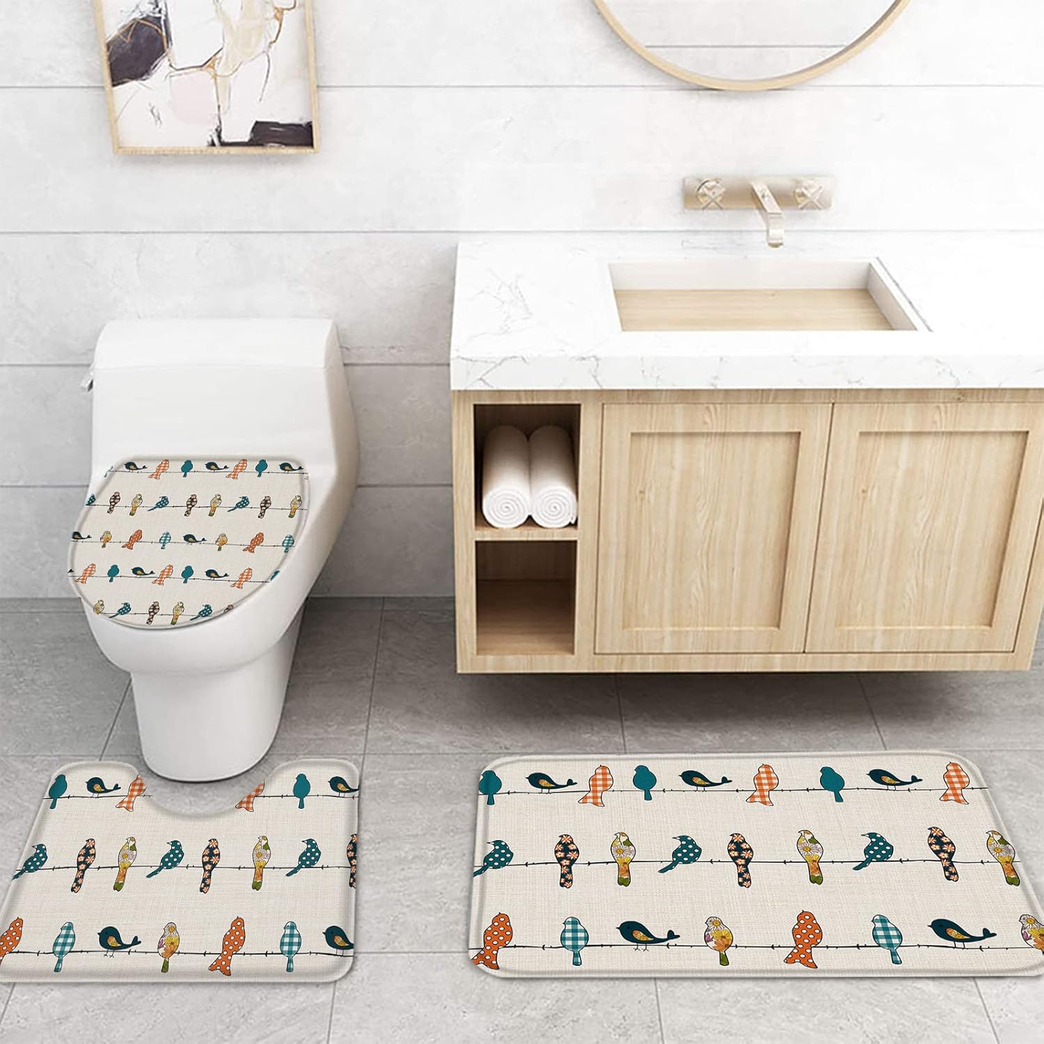 YESOF66 4PCS Bathroom Mat Set with Birds Design