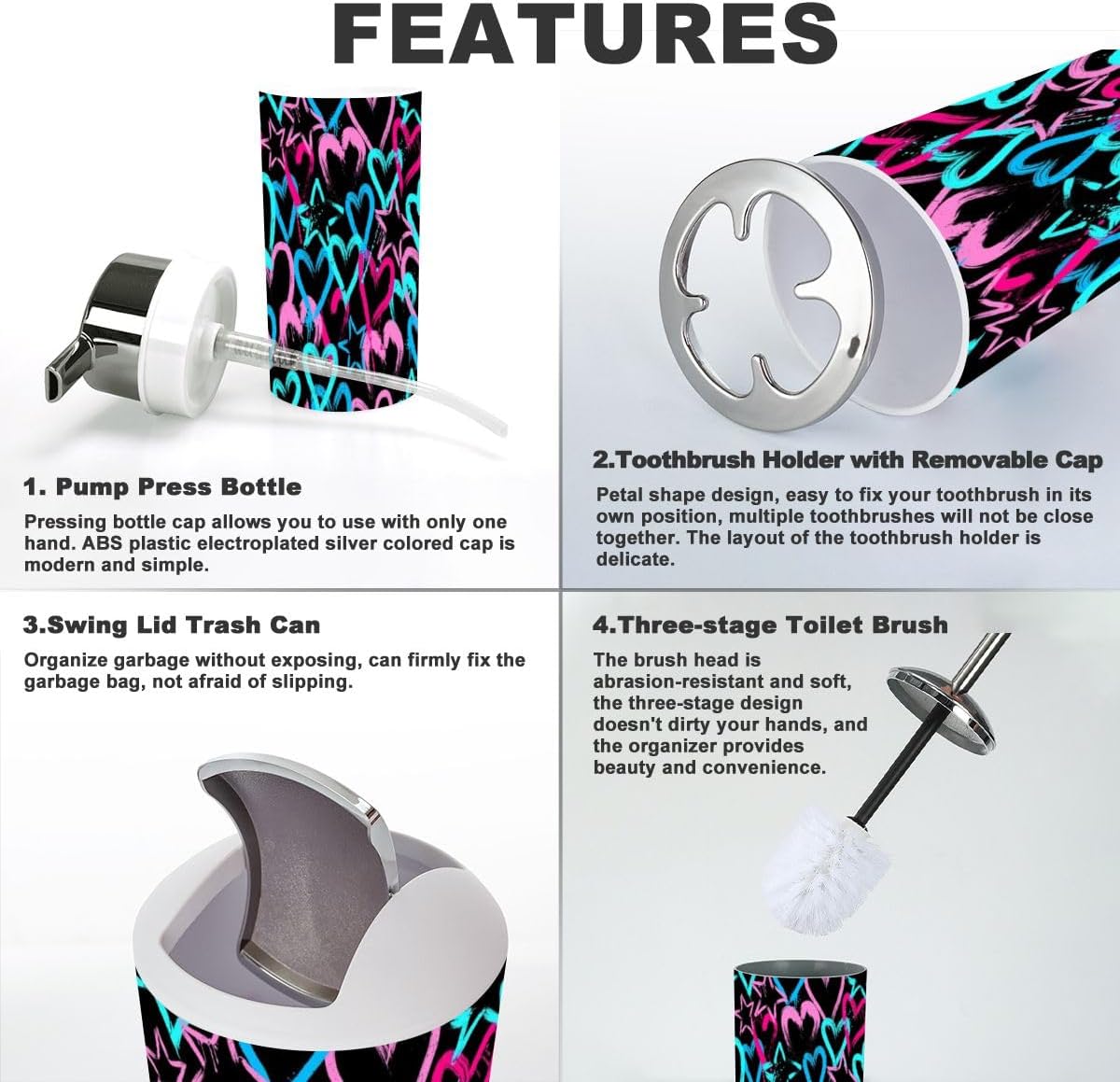 Bathroom Accessory Set by XNGJEMVWXO - 6 Piece Bright Hearts Stars Design