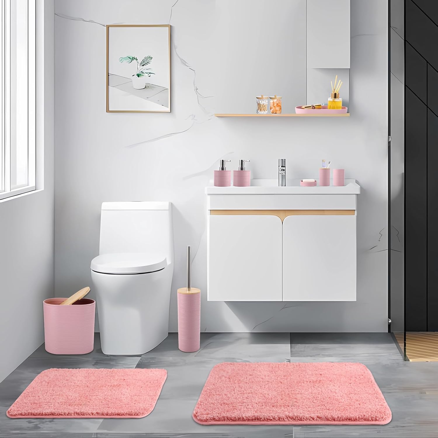 Bathroom Set - Pink Bathroom Accessories Set with Shower Curtain and Rugs