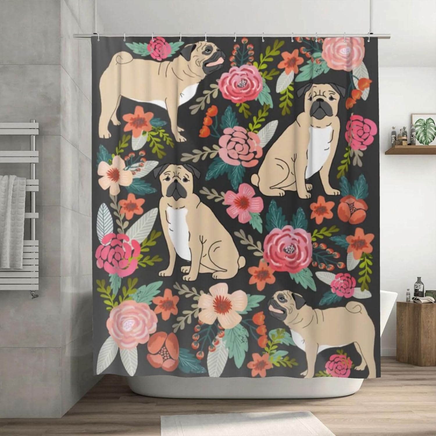 Xoeiran Farmhouse Florals Pug Dogs Shower Curtain 72x72 Inch