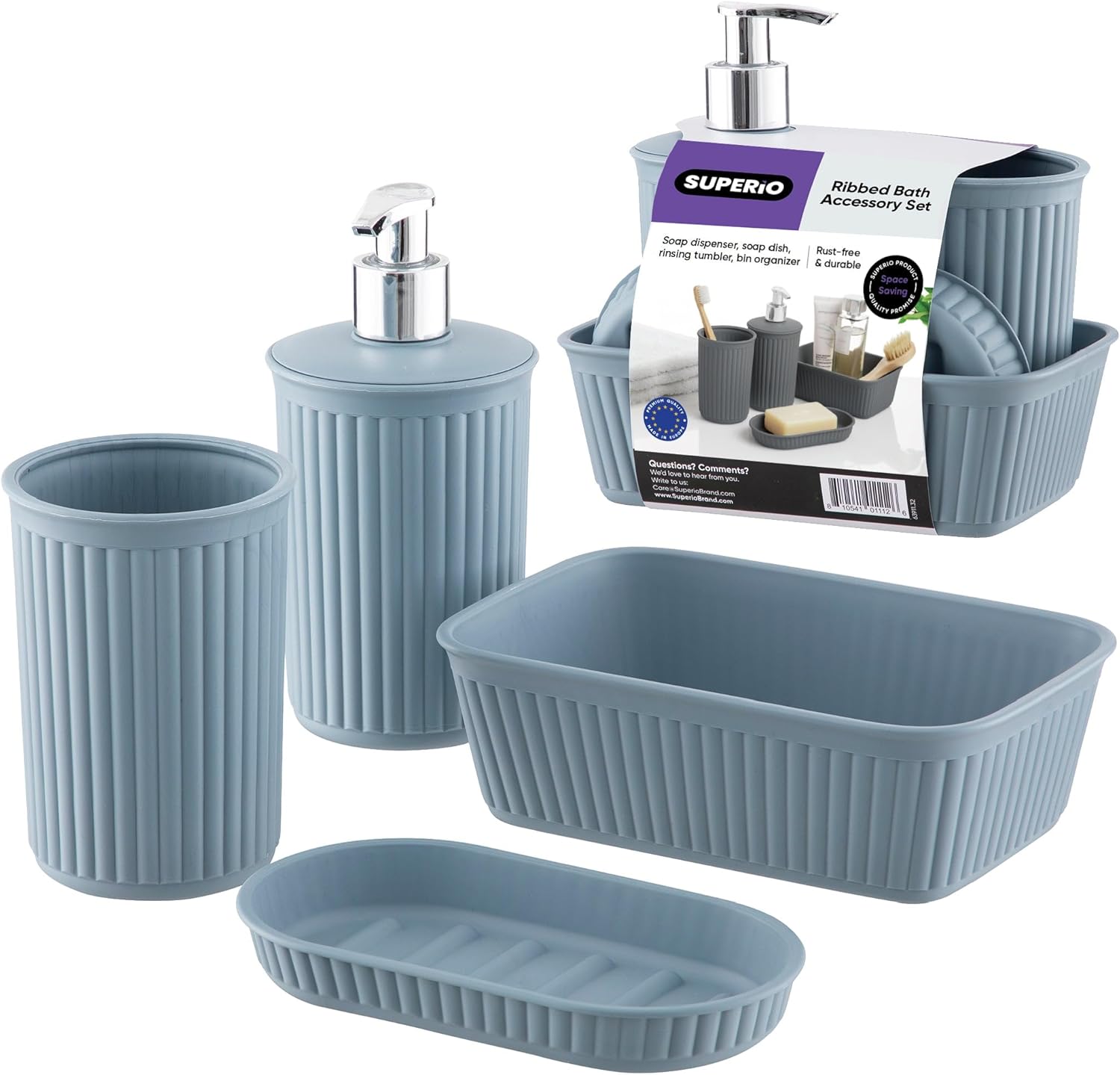 Superio Ribbed Collection - Blue Bathroom Accessories Set of 4