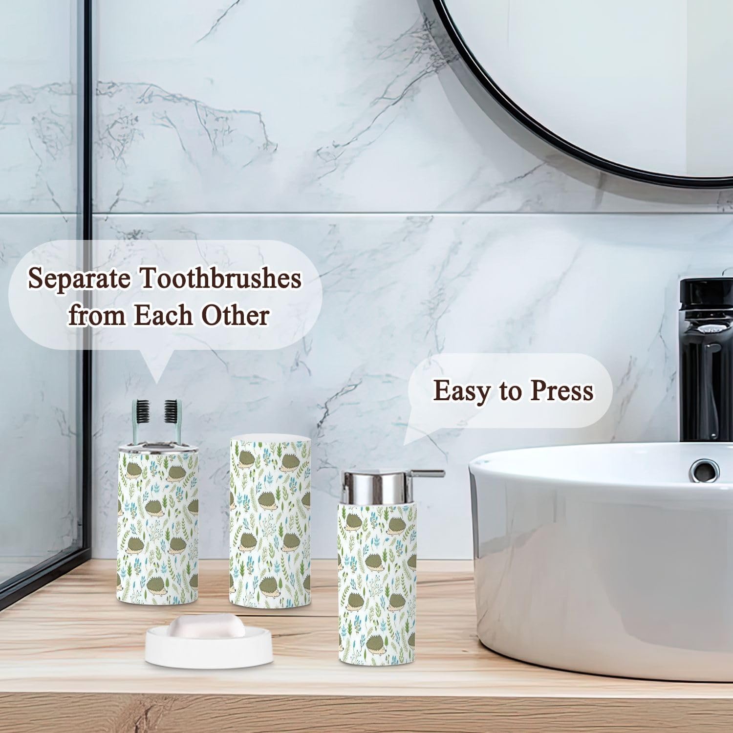 Bathroom Accessories Set 6 Pieces Cute Hedgehogs Floral Design