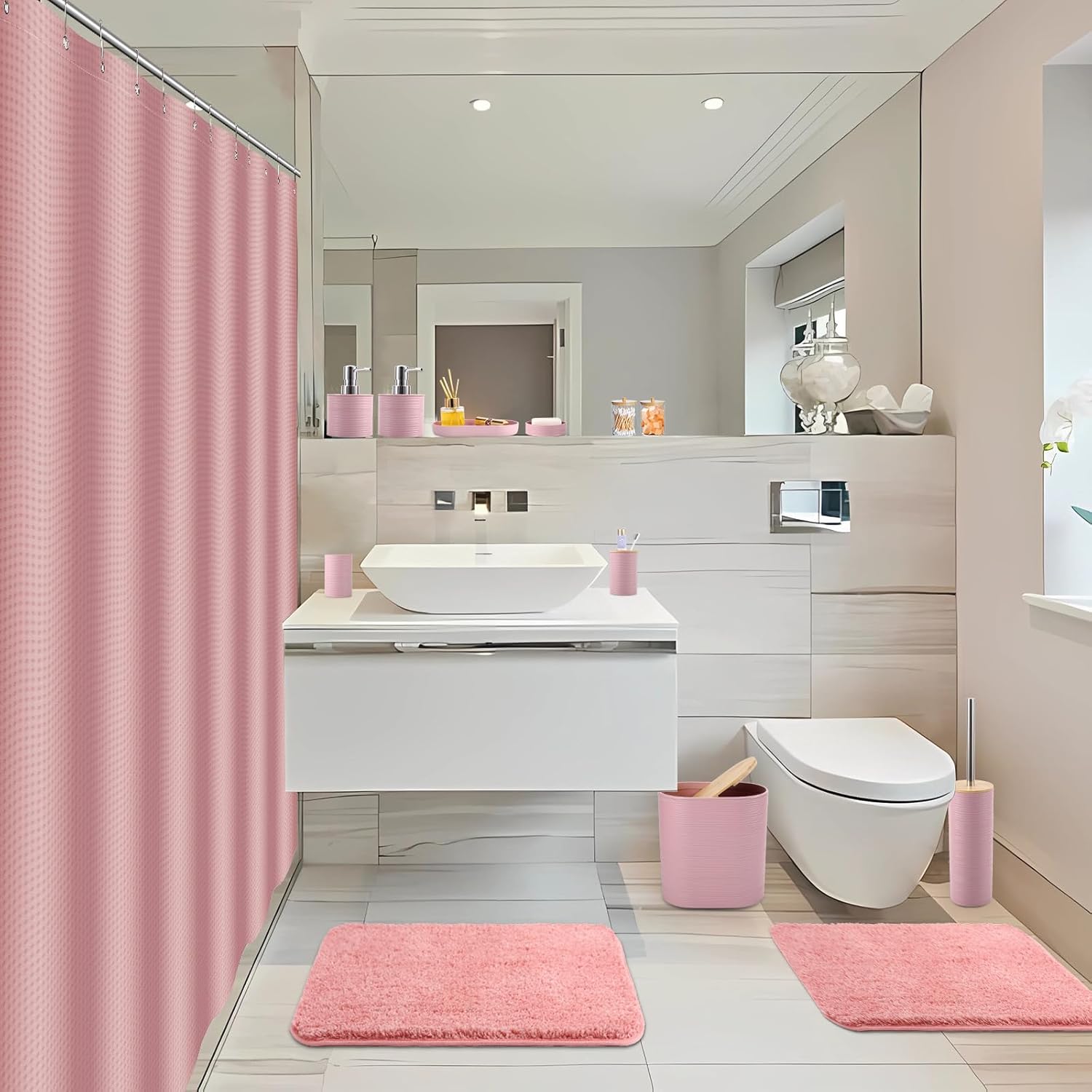 Bathroom Set - Pink Bathroom Accessories Set with Shower Curtain and Rugs