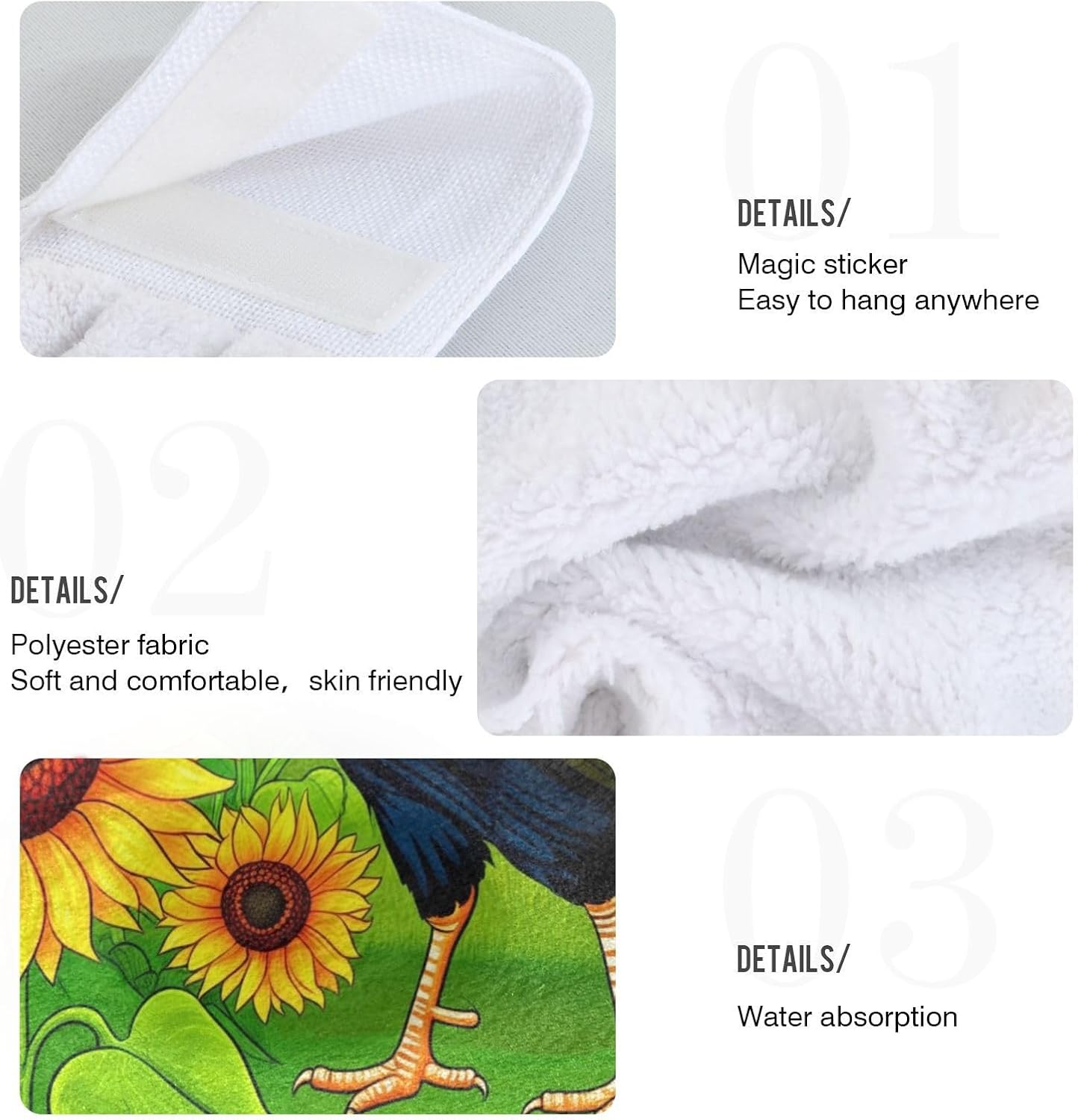 Super Soft Quick Dry Cartoon Rooster Sunflower Bathroom Towels Set of 2