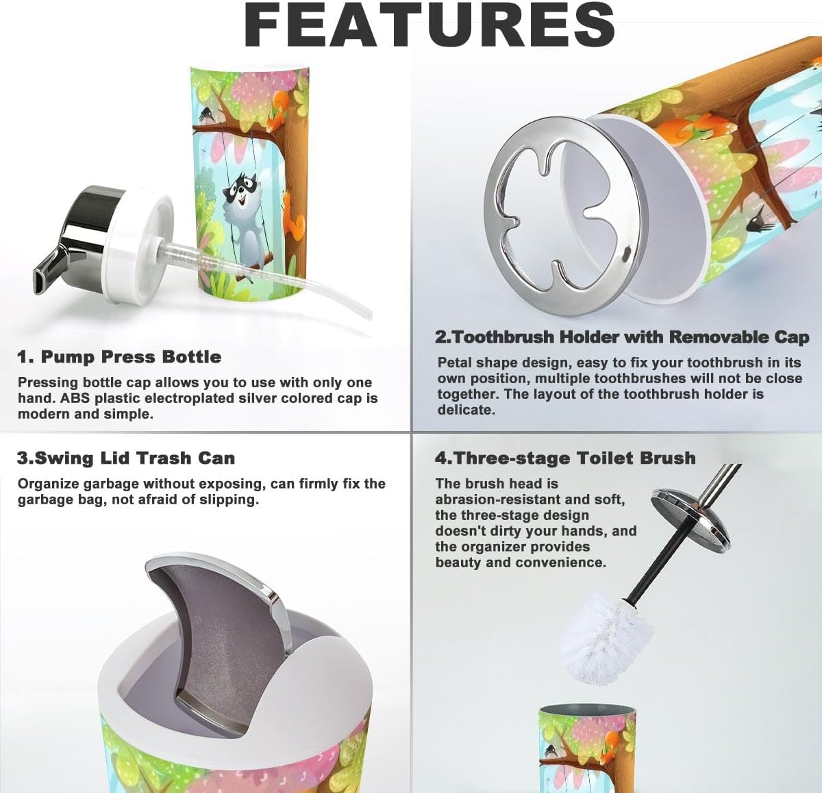 Hilarious Bathroom Set 6-Piece Raccoon Squirrel design