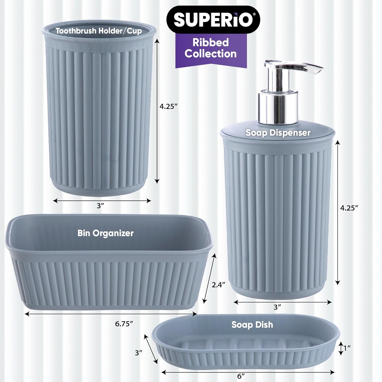 Superio Ribbed Collection - Blue Bathroom Accessories Set of 4