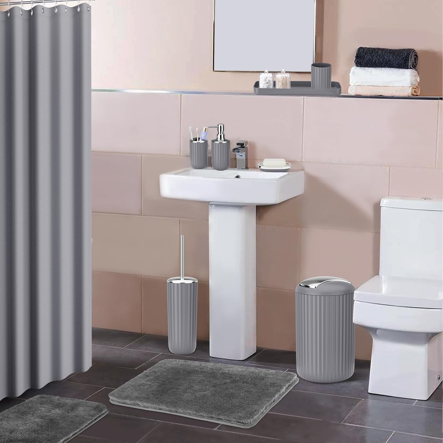 24PCS Gray Bathroom Accessory Set with Shower Curtain Rugs