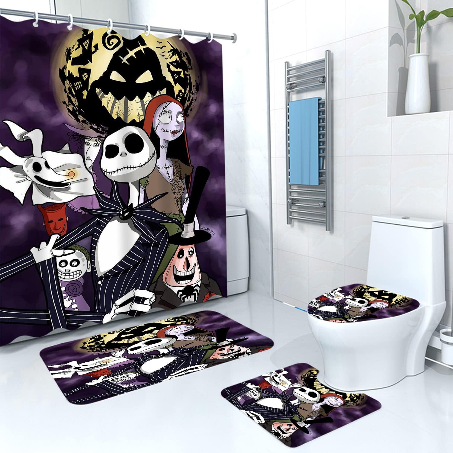 DDS-DUDES 4Pcs Christmas Shower Curtain Set for Kids Bathroom