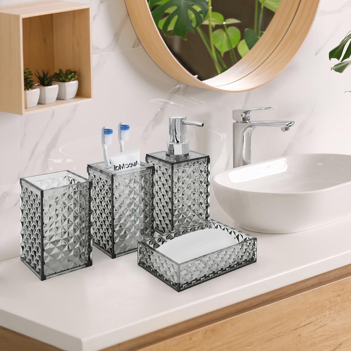 Bathroom Accessory Set 4 Pcs Diamond Pattern Grey